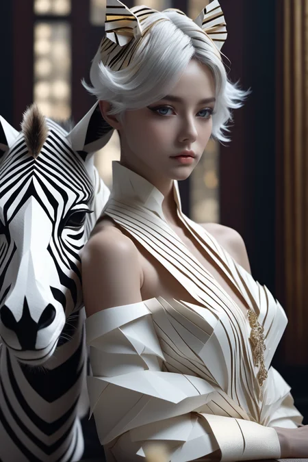 \n(masterpiece,best quality, ultra realistic,32k,RAW photo,detailed skin, 8k uhd, dslr,high quality:1.3), film gain, origami style \n1lady, Bare shoulder, Alabaster hair, short hair, zebra print Skinny jeans and button-down shirt,Grilled meat . paper art, pleated paper, folded, origami art, pleats, cut and fold, centered composition, a symbol, a copy of a facsimile, never one - to - one, creation is in the entropy. mandala - yin - yang this side the hyperplane, seeing all sides a bit insane, perfect glass diamond a prison prisms light, sheen shine divine a mirror - box plight. also, a fursuit., (coloful,\ud83c\udf08:1.1), by karol bak, tom bagshaw, rococo, sharp focus, trending on artstation, cinematic lighting, hyper realism, octane render, 8 k, hyper detailed