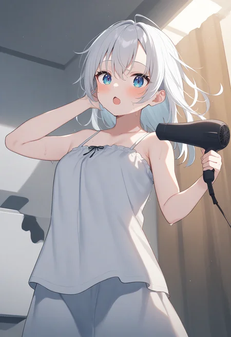 1girl,sincos, ningen mame, toosaka asagi,solo,medium breasts,
hair dryer,drying hair,pajamas, wet hair ,floating hair,wind, after bathing,hand in own hair ,indoors,<lora:dryer_XL_v1:0.8>
ceiling, feet out of frame, looking at viewer, white hair, gray eyes,badmood, open mouth, split ponytail hair,,
best quality, very aesthetic, absurdres