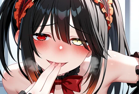 masterpiece, best quality, high resolution, source_anime, highly detailed illustration, detailed eyes,
very aesthetic, absurdres, newest, amazing quality, date a live,
1girl, solo, tokisaki kurumi, clock eyes, red eyes, yellow eyes, crazy smile, heterochromia, red hairband, single glowing eyes,
long hair, black hair, twintails, red bowtie, detached sleeves, frills,
close-up, portrait,
<lora:shiSeduciveFingerV1ill:1.0> shisedupose, fingers to mouth, fingers to lips, looking at viewer, smile, blush, open mouth, blush, seductive smile, leaning forward, tongue, saliva trail, heavy breathing,