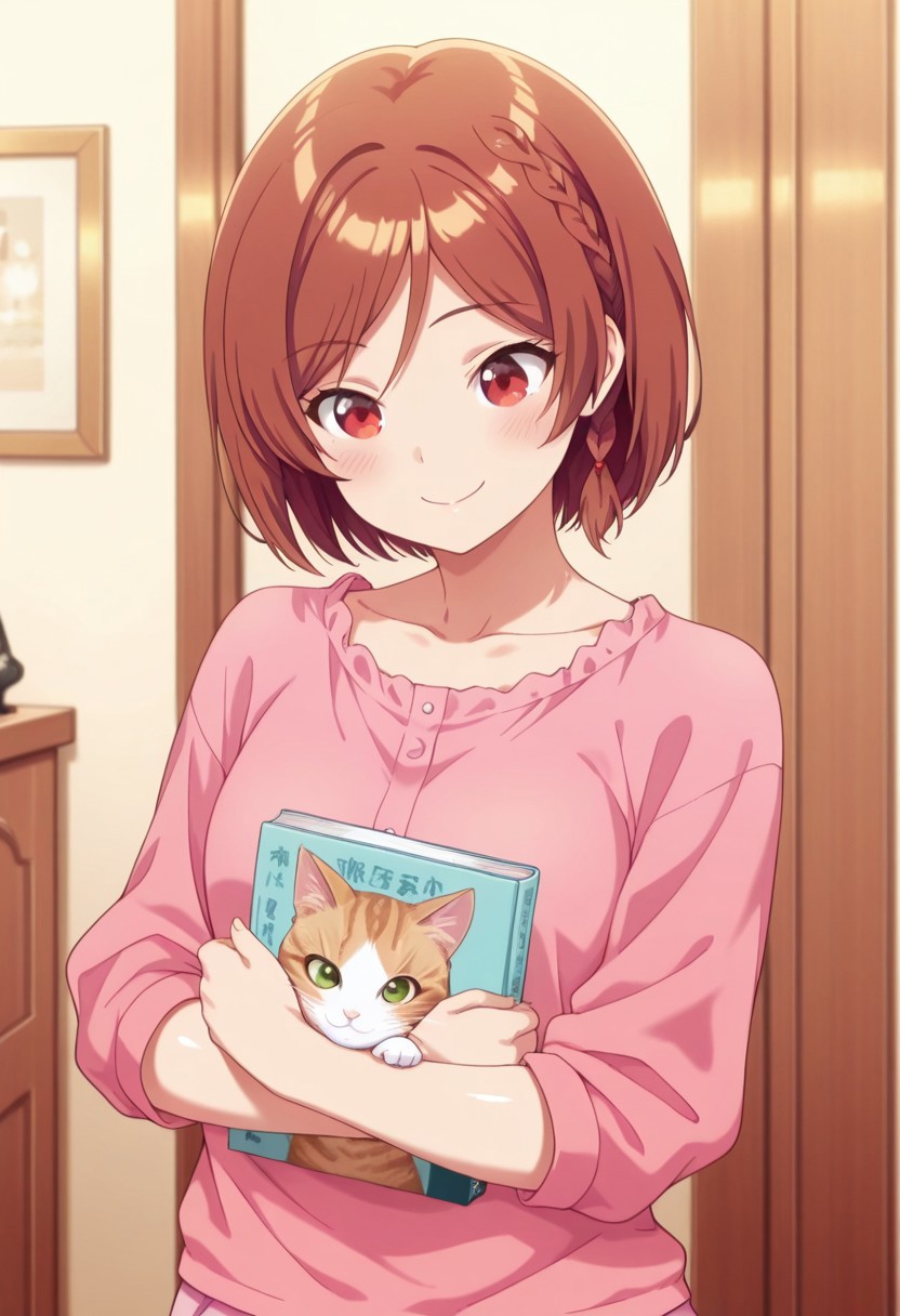 masterpiece,best quality,amazing quality, sakuramori akane, short hair, brown hair, red eyes, 1girl, solo, holding, book, smile, braid, pink shirt, shirt, shiny hair, indoors, collarbone, blush, cat, closed mouth