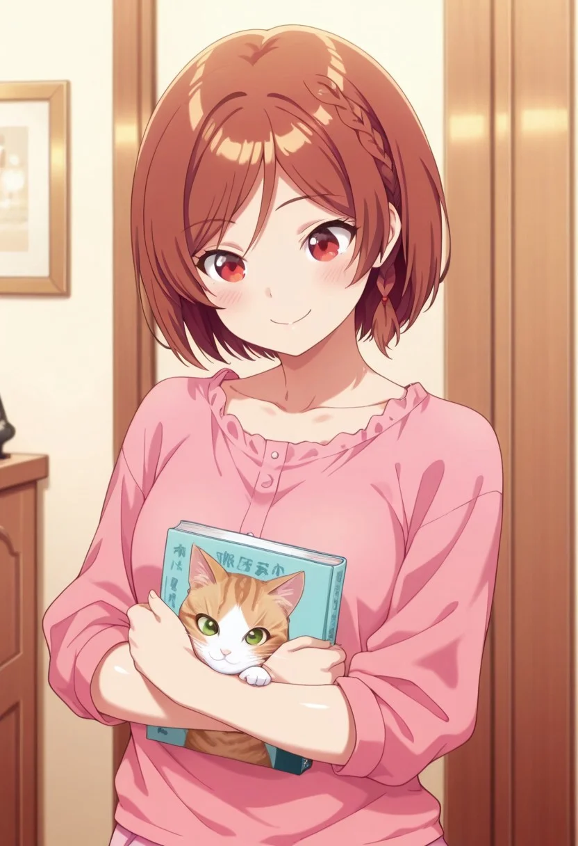 masterpiece,best quality,amazing quality, sakuramori akane, short hair, brown hair, red eyes, 1girl, solo, holding, book, smile, braid, pink shirt, shirt, shiny hair, indoors, collarbone, blush, cat, closed mouth