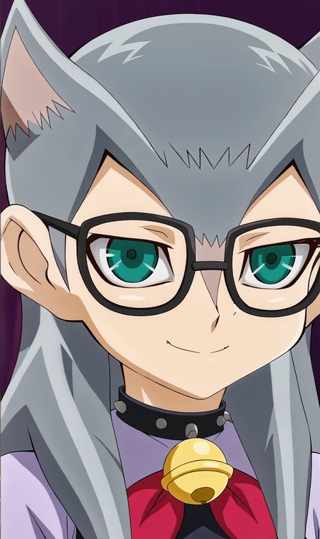 CK, 1girl, solo, grey hair, long hair, aqua eyes, cat ears, glasses, choker, neck bell, red neckerchief, purple shirt, close-up, looking at viewer, smile, portrait, simple background, purple background, <lora:Cathy Katherine Pony XL:1>