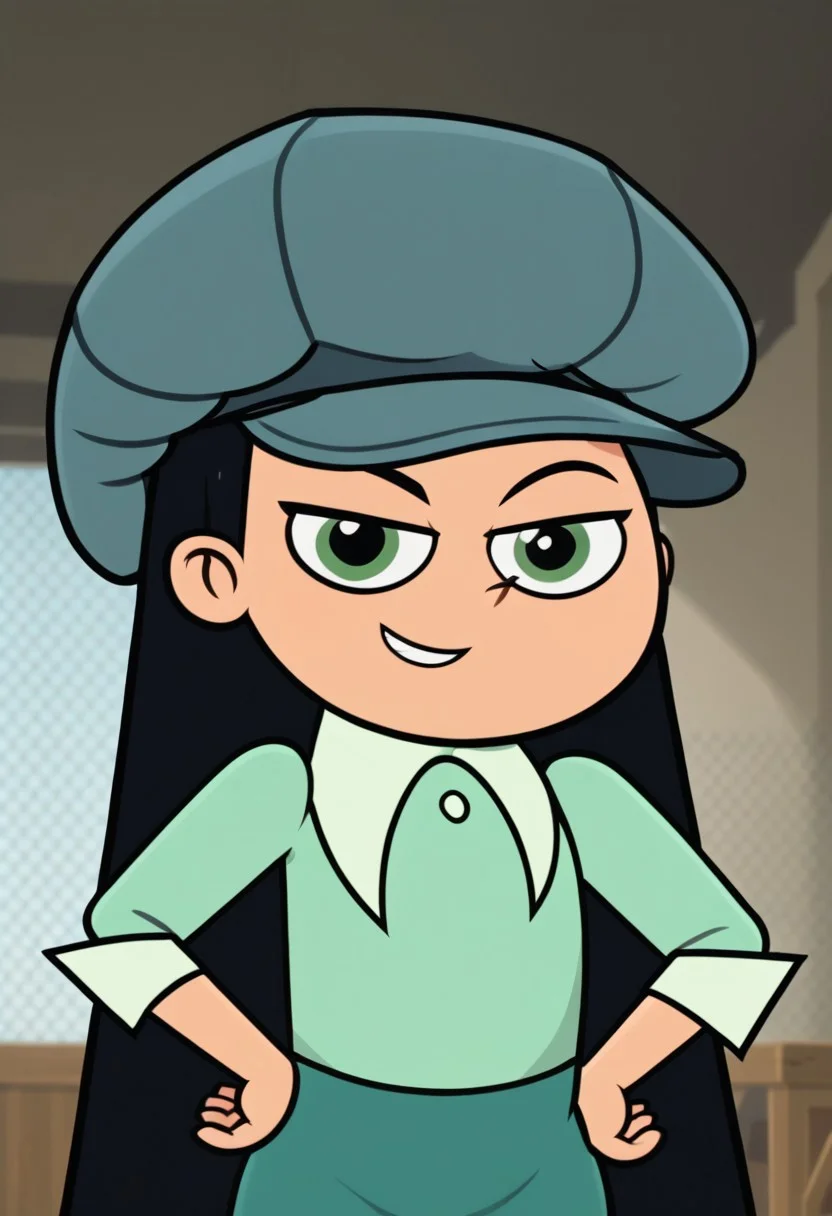 ((room background)),score_9, score_8_up, score_7_up,
1girl, solo, Penelope_KB, fair skin, green eyes, black hair, long straight hair, blue gray newsboy cap, pastel-green long sleeve shirt with white collar, ocean green skirt, white socks, black shoes, big eyes, cute, short stature, social smile, perfect eyes, perfect smile, looking at the viewer, detailed eyes, perfect eyes, standing (front view, bust shot) five fingers, perfect hands, hands on hips, fullbody,
