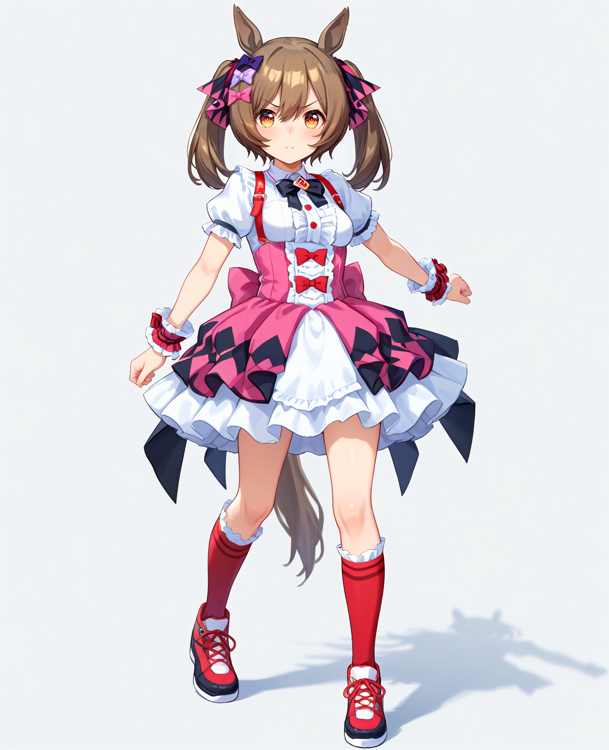 score_9, score_8_up, score_7_up, 1girl, (looking at viewer:1.2), (open mouth:0.6), angry,, , simple background,, (Walking as if stepping on legos:1.2),, (full body:1.2),
<lora:pony_smart_falcon_v1.01:0.9>, smart falcon \(umamusume\), horse ears, horse tail, medium breasts, twintails,
puffy short sleeves, white shirt, white layered skirt, pink corset skirt, red suspenders, plaid pattern hair ribbon, red kneehighs, bridal garter, wrist cuffs, black bowtie, low back multicolored ribbon, hairclip, red ribbon, center frills, ,
,