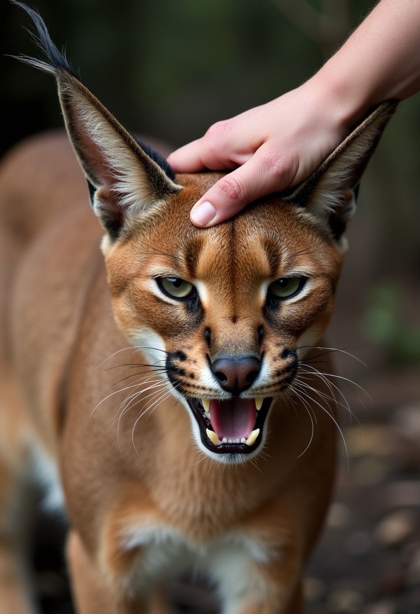 gently placing your hand on the head of a caracal, as it maintains a (fierce, primal expression). The wildcat’s (sharp teeth are bared), and its (intense, piercing eyes) remain fixed, symbolizing its (inherent wildness and untamed spirit). Despite the contact, the wildcat’s (muscles remain tense), ready to react, while your hand carefully strokes its (sleek, powerful head). This moment captures the (delicate balance) between (human affection) and the wildcat’s (uncompromising, raw nature), where the wildcat tolerates the touch, but its ferocious expression serves as a constant reminder of its (untamed origins).