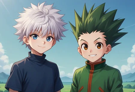 score_9, score_8_up, score_7_up, source_anime, highly detailed, 2boys
gonfreecs, 1boy, male focus, green hair, spiked hair, shorts, smile, upper body, brown eyes, belt, looking at viewer, jacket, green jacket,
killuazoldick, 1boy, male focus, shorts, white hair, blue eyes, shirt, long sleeves, layered sleeves, spiked hair, short over long sleeves, short hair, short sleeves, bangs, turtleneck, blue shirt, grey shirt,
outdoor, sky, smile,