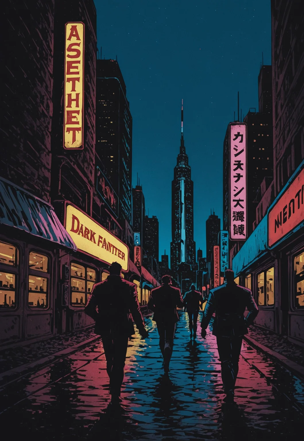 In a neon-lit, futuristic diner, a stoic waitress serves drinks to patrons that include humanoid robots and suited tech-workers. Outside, a skyline dotted with futuristic towers and East Asian signage glows under a deep blue sky. Art style: cyberpunk anime realism with detailed textiles, matte shading, and strong use of magenta-blue neon contrast. Inspired by Ghost in the Shell and Blade Runner. dark_fantasy_illustration, retro comic book artstyle