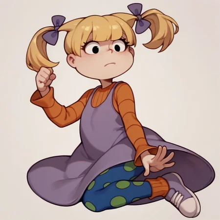 score_9, score_8_up, score_7_up BREAK AngelicaP, 1girl, blonde hair, black eyes, pigtails, purple bows, sleeveless purple dress, orange longsleeved shirt, blue green polka dot leggings, orange socks, purple white shoes, cartoon, source_cartoon,