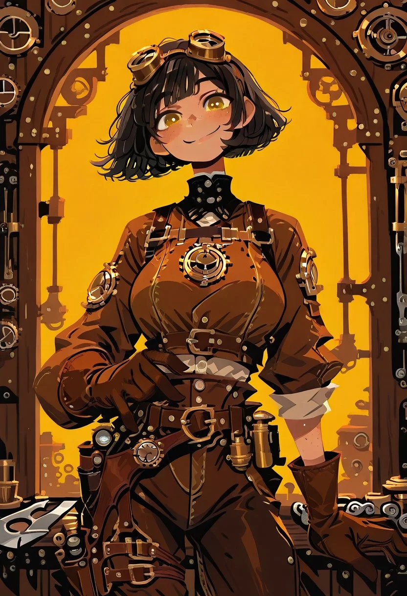 masterpiece, best quality, very aesthetic, absurdres, baro_style ,1girl, solo,curly black hair, bob cut, confident smile, freckles, golden eyes, steampunk engineer outfit, brass goggles, leather gloves, tool belt