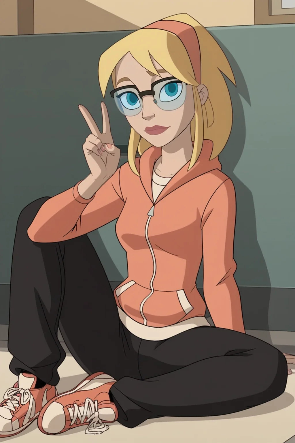 score_9, score_8_up, score_7_up, score_6_up, score_5_up, score_4_up, BREAK, 1girl, <lora:Gwen_Stacy_Spectacular_Spider-Man_Pony_Diffusion_XL-000004:1>, Gwen Stacy, Marvel, blue eyes, blonde hair, glasses, hairband, hoodie, pants, shoes, sitting on ground, one leg bent, peace sign