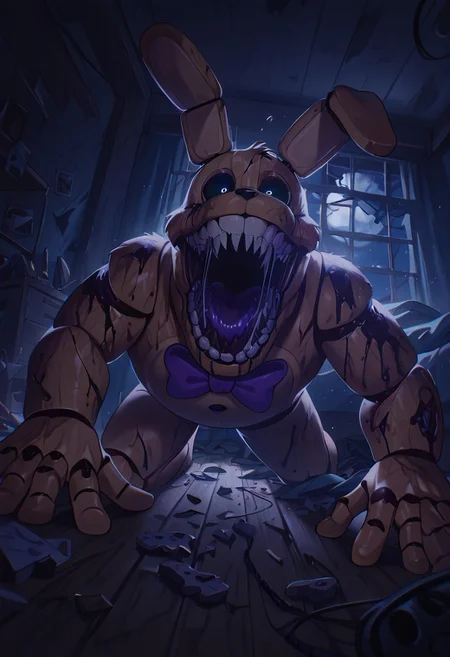 masterpiece, best quality, amazing quality, very aesthetic, absurdres, newest, detailed background, foreground blur, (( )),
springbon, teeth, rabbit ears, purple bowtie, sharp teeth, animatronic, robot joints,, 1boy, smile, big head, big mouth, wide head, wide face, drooling,,
matte skin, black sclera, furry skin, fabric skin, in bedroom, dynamic angle, messy room, window, night time, dark room, wooden floors, broken toys, cupboards, looking at viewer,