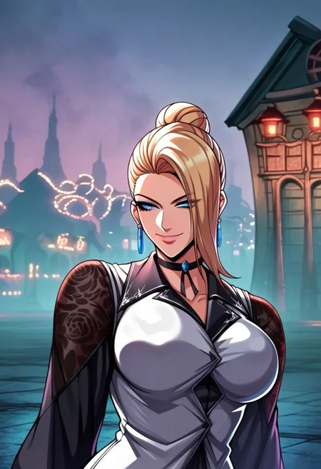 score_9, score_8_up, score_7_up, score_6_up, source_anime, 1girl, 18 years old girl maturekfsXV, , (big breasts:1.5), (large cleavage), black shorts,pantyhose, hair bun, hair over one eye, blonde hair, blue eyes, eyeshadow , beautiful face, earrings, choker, long dress, black sleeves, long sleeves, white vest , white pattern,sexy smile, sensual smile, city, night, dramatic shadows, posing sexy, thighs , puffy nipples, high quality anime movie, , , wide shot ,Tbtniki style , raw, concept art