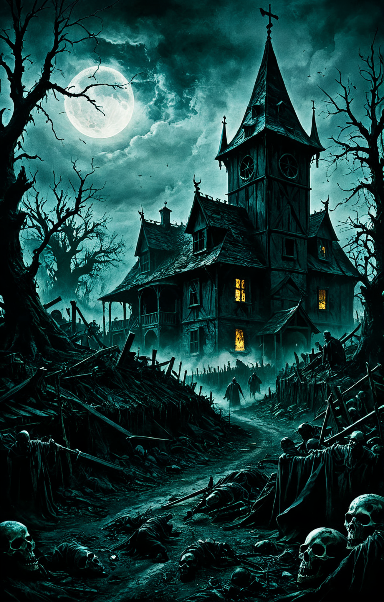 black plague ravaging countryside, dark fantasy, horror, darkness, detailed background, masterpiece, eerie, unsettling, dark, spooky, suspenseful, grim