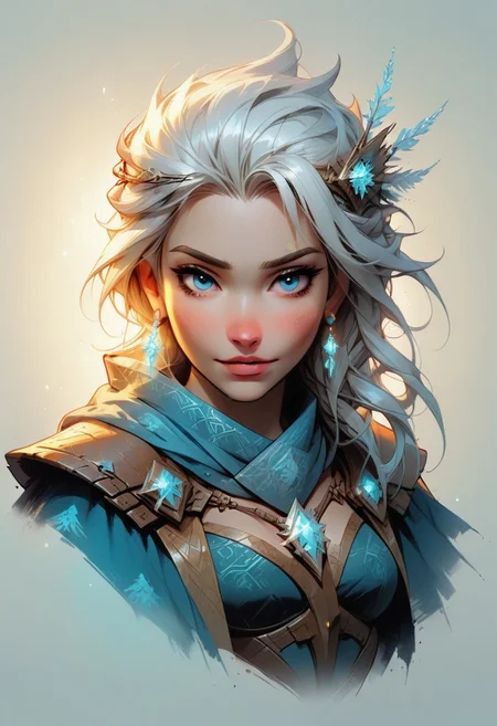 1 girl, solo, 18 year old girl, gorgeous, close up, upper body, parted lips, slim build, refined beauty, medium round breasts
A girl with icy blonde hair cascading down her back stands at the heart of Freljord’s frozen tundra, her piercing blue eyes glowing faintly in the cold air. Her attire is a mix of fur-lined armor and heavy cloth, designed to protect her against the harsh climate while emphasizing her graceful physique. The top part of her outfit consists of a fur-trimmed cape draped over her shoulders, connected to an armored corset that hugs her figure and tapers into a skirt made of thick, fur-trimmed fabric. The camera captures the intricate pattern of runes etched into the metal of her chestplate, glowing faintly in the frigid light. Her hands are wrapped in leather gloves adorned with small shards of ice, and her feet are clad in fur-lined boots that leave shallow prints in the snow. In the background, icy mountains and swirling snowstorms provide a dramatic, wintery setting that complements her powerful, regal appearance