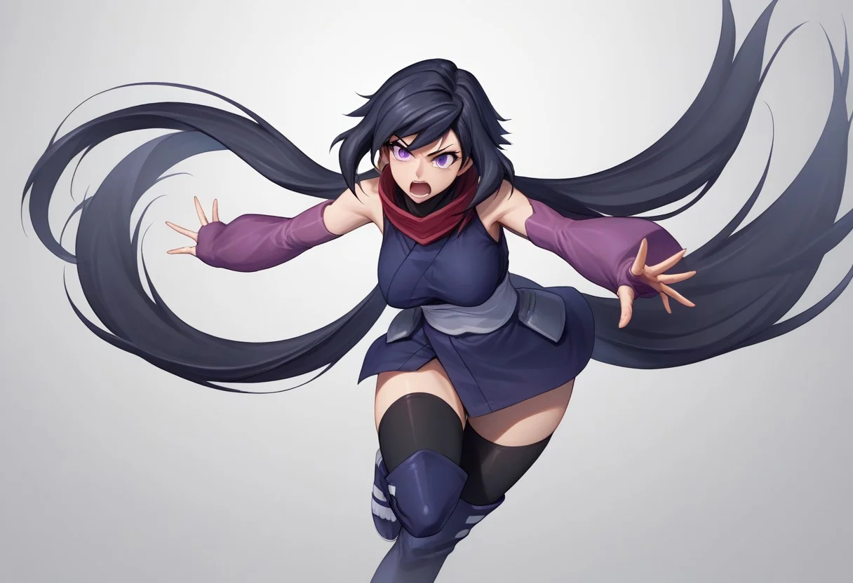 score_9, score_8_up, score_7_up, source_anime, good anatomy, detailed face, beautiful face, 11girl, solo, AyameGBD, black hair, long hair, split ponytail, ponytail, very long hair, purple eyes, bare shoulders, zettai ryouiki, ninja, dark blue kimono, white obi, black thighhighs, thighhighs under boots, dark blue kneeboots, white sandals, detached sleeves, elbow gloves, fingerless gloves, long purple gloves, no mask, unworn mask, red scarf, leaping, one knee up, one leg up, ninja handsign, mouth open, shouting, fluttering kimono