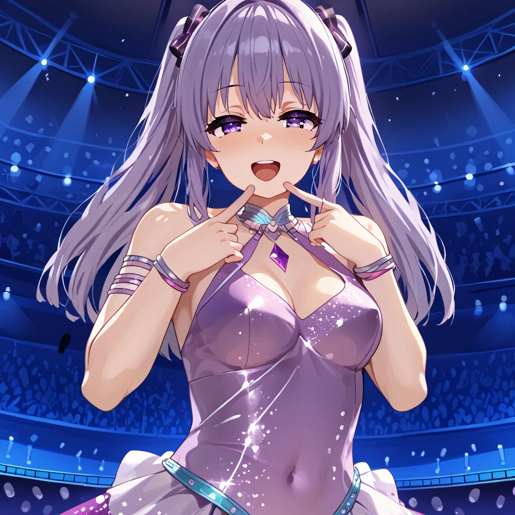 1girl, solo, idol girl, performing, breasts, cute, slender, singing, arena, best quality, perfect face, perfect eyes, 4k, <lora:Shiokonbu:1> <lora:ponyv4_noob1_2_adamW:0.4>
