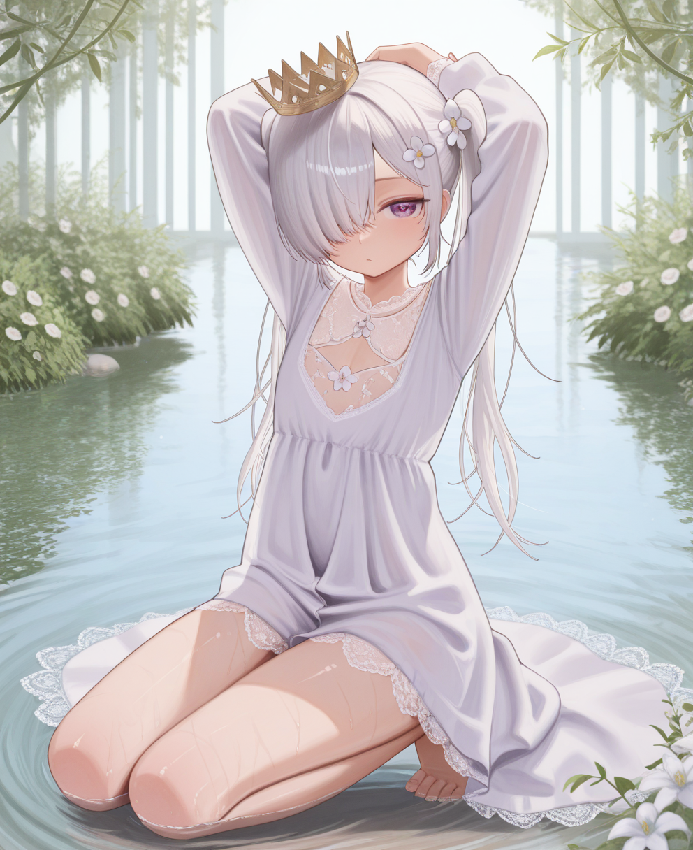 <lora:rryiup:1> rryiup,
(masterpiece), (best quality), (ultra-detailed), amazing quality, very aesthetic, illustration, perfect composition, intricate details, absurdres, incredibly absurdres, shiny skin, realistic,
 rryiup, 1girl, solo, hair ornament, dress, white dress, long hair, flower, crown, looking at viewer, water, twintails, arms up, purple eyes, hair flower, hair over one eye, white hair, white flower, barefoot, long sleeves, sensitive