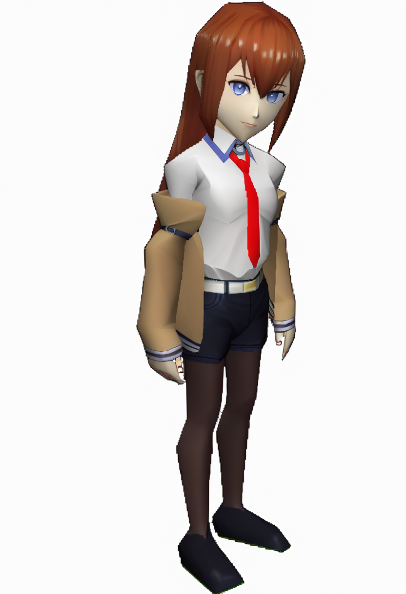 score_9, score_8_up, score_7_up, source_anime BREAK 1girl, solo,
<lora:zs_N64ZeldaStyleXL:1> n64zeldastyle, 3d, polygonal, white background, full body
 <lora:steinsgate_makise_ponyXL:1> makise kurisu, brown jacket, off shoulder, white shirt, red necktie, black shorts, pantyhose, legwear under shorts, white belt