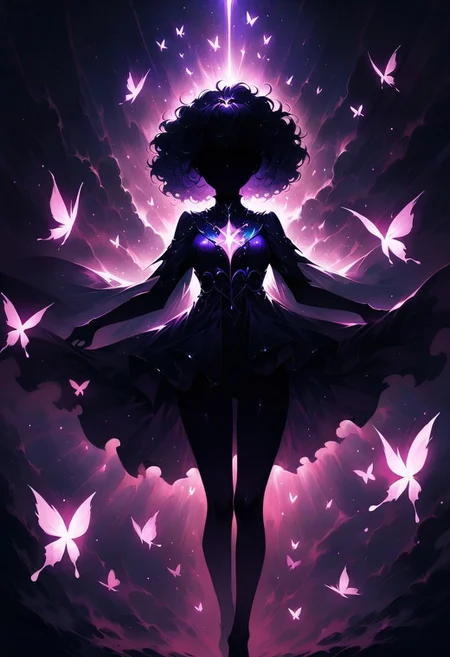 (graphic novel style, dark novel style, comic style, 2d:1.5), (hyperrealism, masterpiece:1.4), (colourful, soft cinematic light:1.1), incredibly lifelike, Extremely high-resolution details, 8k, best quality,extremely detailed, colorful,
African woman in form fitting dress, afro hair, full body, <lora:flame silhouette:1>, <lora:flame:1>, <lora:copax magician:1>, mutli colored butterflies flying around, blooming flowers, hidden face, illuminated silhouette,