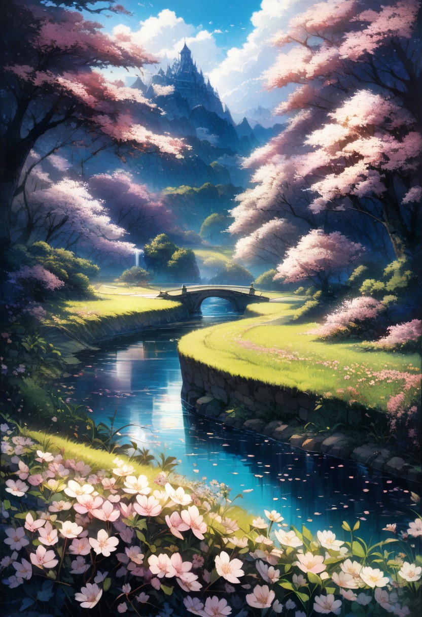 A beautiful landscape reminiscent of a spring. A garden with a warm wind blowing. 
garden filled with blooming cherry blossoms. Early-blooming cherry blossoms, 
You will be enchanted by the beautiful paintings. 
best quality, 8k, ultra-detailed, very aesthetic, superb composition, finest details, intricate details, absurdres, high contrast,