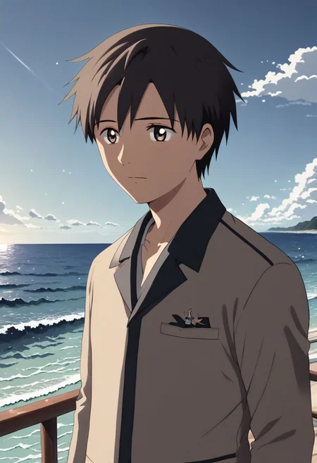 high resolution, solo, best quality, 1Boy, Takaki Toono, Brownish Hair, Brown Eyes, sea, bow cruise ship, stong wind, ocean, OverallDetail