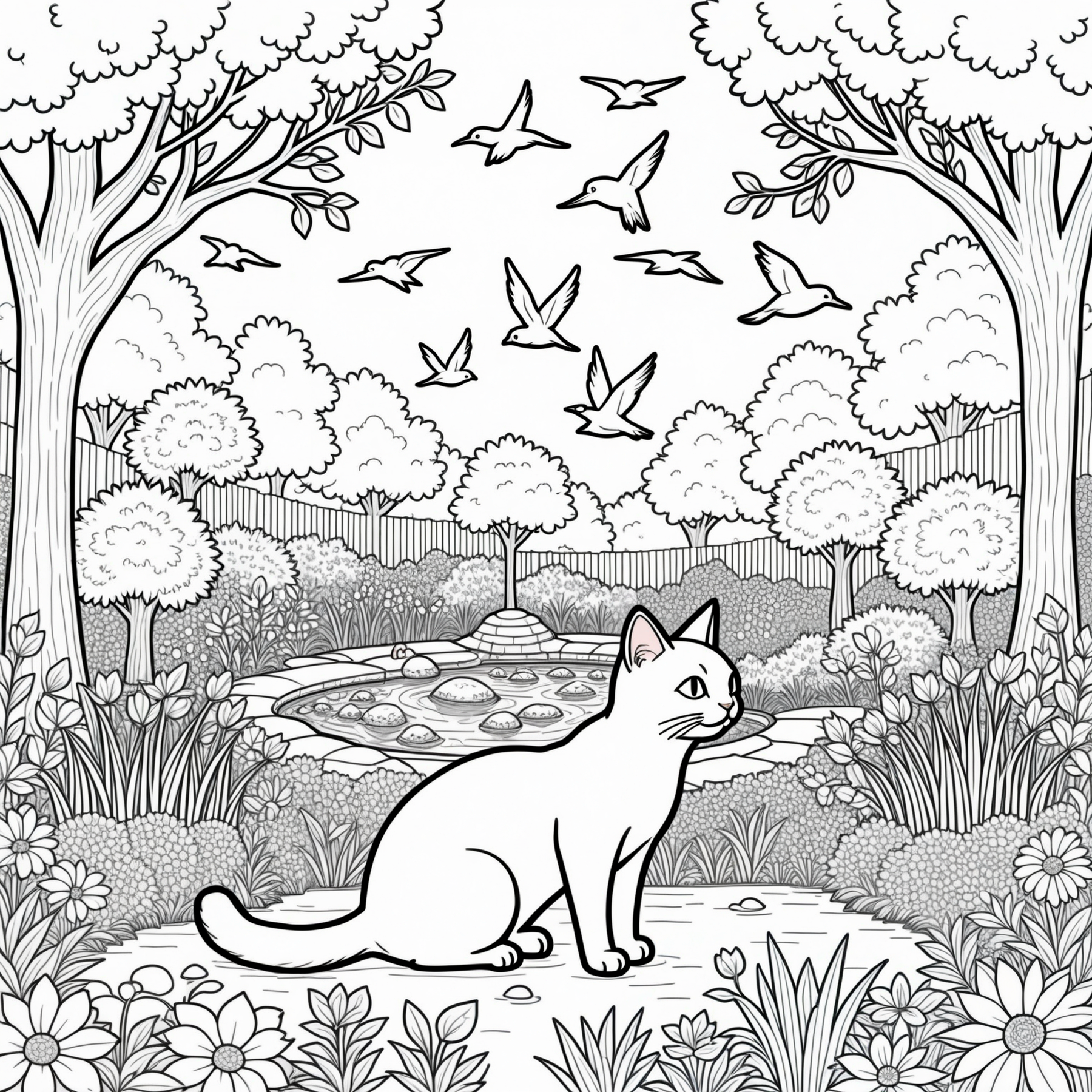A simple monochrome line drawing for a coloring book.

A cat in a lush garden with trees and flowers, a pond, birds and other creatures.

<lora:LineDrawing03_CE_XL_300-OT:0.6> lndrwngCE_style