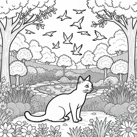 A simple monochrome line drawing for a coloring book.

A cat in a lush garden with trees and flowers, a pond, birds and other creatures.

<lora:LineDrawing03_CE_XL_300-OT:0.6> lndrwngCE_style