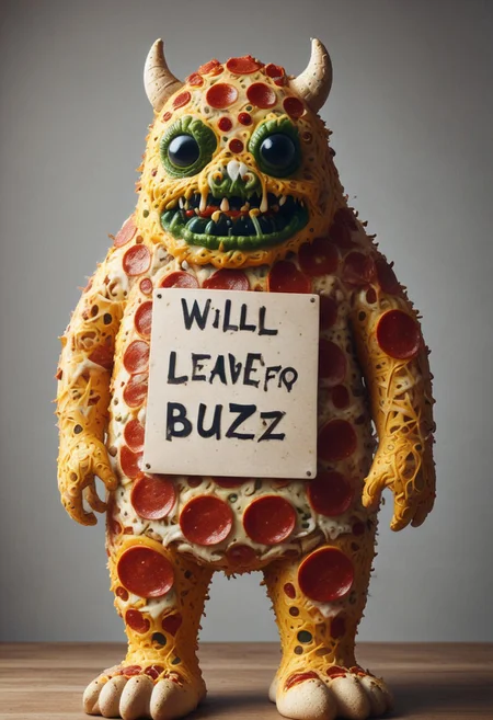 ugly pizza monster, holding a sign, text:"WILL LEAVE FOR BUZZ", pizzasdx