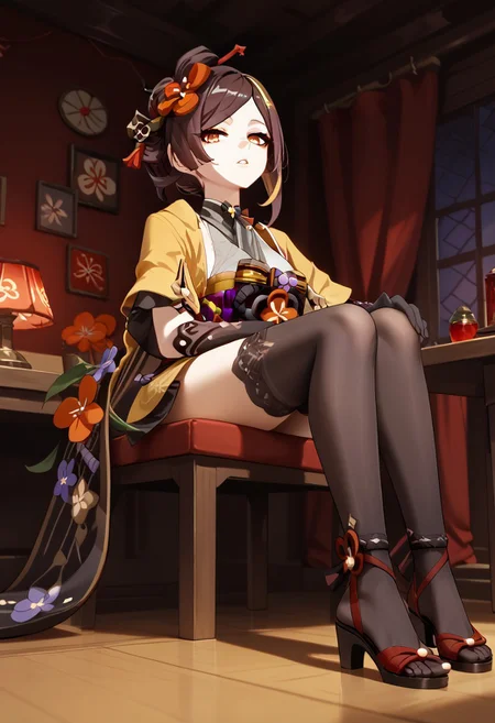 score_9,score_8_up,score_7_up,source_anime,CHIORI_(GENSHIN_IMPACT),1girl,solo,long hair,looking at viewer,bangs,brown hair,hair ornament,thighhighs,gloves,sitting,flower,parted lips,japanese clothes,black gloves,hair flower,kimono,feet,legs,toes,no shoes,soles,hair stick,