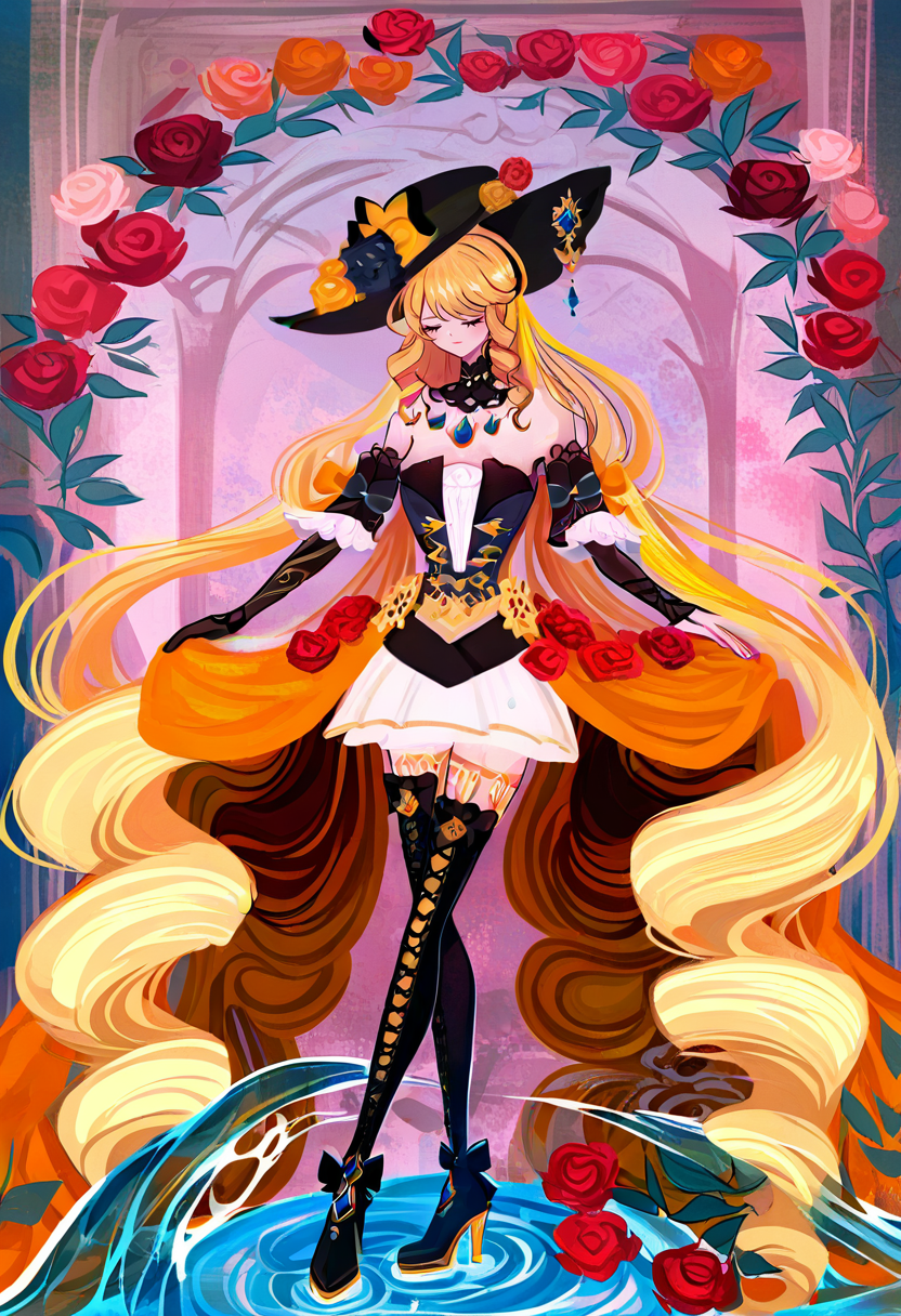 navia \(genshin impact\), 1girl, long hair, solo, hat, closed eyes, blonde hair, thighhighs, flower, thigh boots, boots, very long hair, rose, red flower, witch hat, high heels, jewelry, breasts, black footwear, watson cross, bow, necklace, dress, full body, water, gloves, red rose <lora:cqtlatteXL_NBVP1_lokr_V6311P:0.95>
