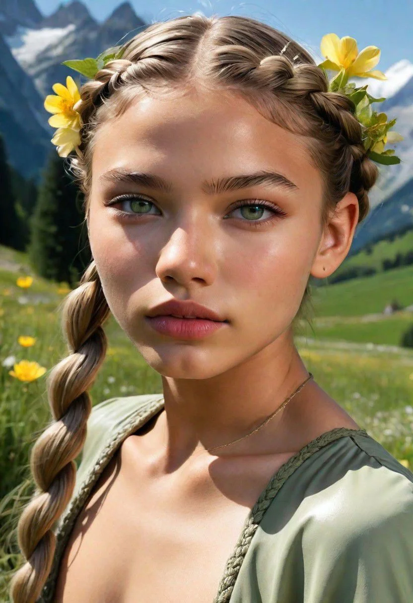 Capture the essence of the new age germanic emperor's concubine naked in a mud hole. nsfw. braided hair, girl with light green eyes. beauty face, sharp face, without makeup, big almond-shaped eyes, very light iris, moist lips, big red lips, defined jaw, big cheekbones, perfect small nose, beautiful wide eyebrows. sexy look, provocative. skinny with natural curves, wet skin . young, cute, petite, 18 years old, Sexy, very big hip, flower-adorned braids, Swiss Alps landscape in the backgound,radiant woman embodying the spirit of Heidi, accentuating her natural beauty and joy, set against a background of alpine flowers, illuminated by warm sunlight, shot at eye level with a high-resolution mirrorless camera, inspired by the timeless elegance of Richard Avedon,2000s vintage RAW photo, photorealistic, candid camera, color graded cinematic, atmospheric lighting, skin pores, skin imperfections, natural, shallow dof