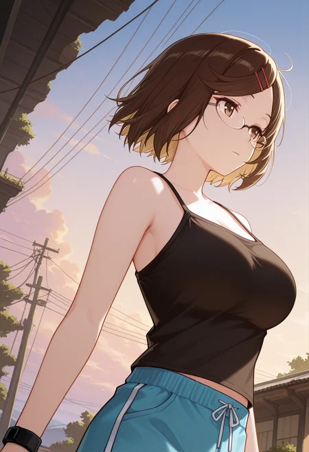 masterpiece,high quality details, absurdres,dusk,sidelighting,
outdoors, dynamic angle,solo,relaxed,
<lora:Konoha_Koga:0.8>koga_cnr, 1girl, brown hair, short hair, brown eyes, blonde hair, two-tone hair, large breasts, semi-rimless eyewear,hairclip,expressionless,
koga_s2, 1girl, black camisole, tank top,blue shorts, sneakers,, =v=,, masterpiece,very intricate, high quality details, ultra realistic, high detailed skin,detailed enviorement,detailed environment,