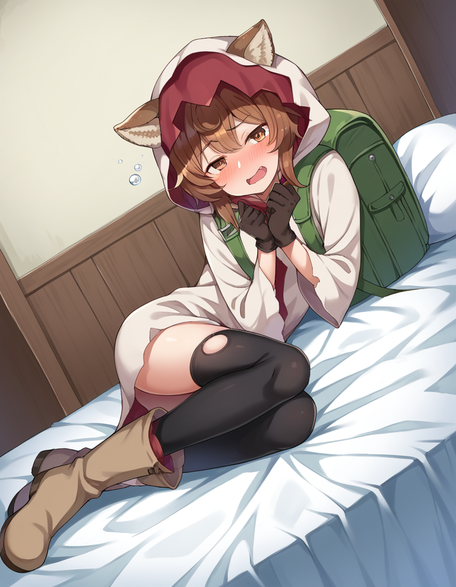score_9, score_8_up, score_7_up, source_anime,
lilirucaarde, <lora:liliruca-arde-ponyxl-lora-nochekaiser:1>
liliruca arde, animal ears, brown eyes, brown hair, short hair,
backpack, bag, black gloves, boots, gloves, hood, thighhighs,
indoors, bed, bed room, on side, blush, drunk,
looking at viewer, dutch angle, cowboy shot