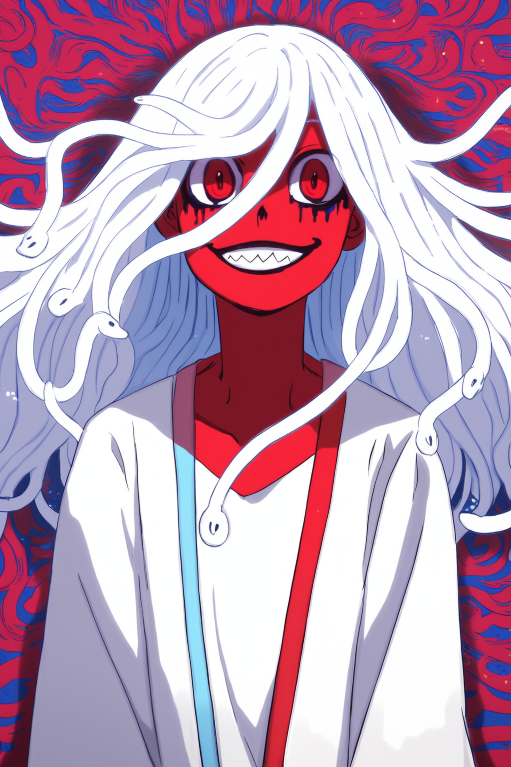 (score_9,score_8_up,score_7_up,),<lora:nadeko-000025:1>,nadeko white,white hair,long hair,red eyes,snake hair,white dress,(portrait:1.1),<lora:f3nn3rXLP:0.8>,f3nn3r,colourful,pink,blue,black,red,trippy,evil smile,