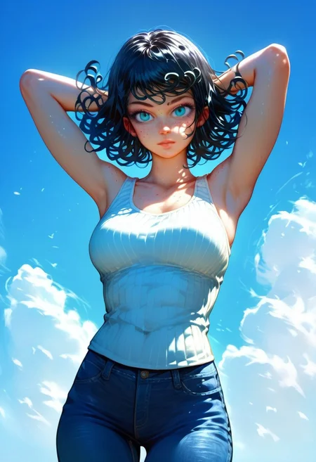 score_9, score_8_up, score_7_up, score_6_up, score_5_up, score_4_up,1girl, beautiful, tank top, upper bod, detailed face, jeans, hands behind head, curly hair, short hair, freckles, black hair, cool, badass,