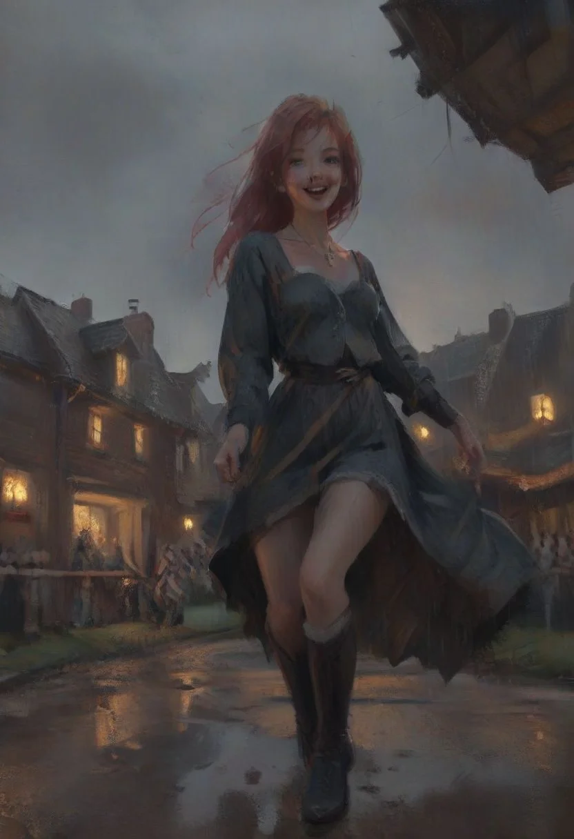 impressionist painting, WLOP_illustration_style, fantasy, medieval, wood, inn, muddy road, people, evening, overcast, (fisheye:1.5), from below, sky, dramatic clouds, dark, gray, (heavy raining:1.5), desaturated, painting, (rough brush strokes:1.25).
Redhead, fox girl in background, heavy clothes, dancing, laughing at sky, spinning