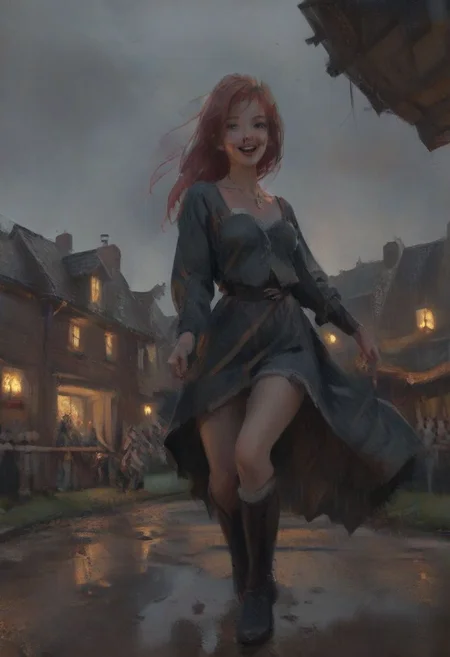 impressionist painting, WLOP_illustration_style, fantasy, medieval, wood, inn, muddy road, people, evening, overcast, (fisheye:1.5), from below, sky, dramatic clouds, dark, gray, (heavy raining:1.5), desaturated, painting, (rough brush strokes:1.25).
Redhead, fox girl in background, heavy clothes, dancing, laughing at sky, spinning