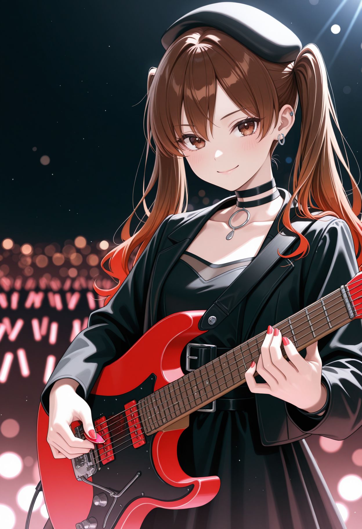 masterpiece,best quality,absurdres,highres,very aesthetic,high quality,detailed,insanely detailed,beautiful,perfect lighting, ,depth of field,blurry background,bokeh, looking at viewer
 <lora:Ootsuki Yoyoko illu:1> 1girl, twintails, multicolored hair, gradient hair, brown hair, red hair, black headwear, beret, black choker, long sleeves, black dress,, open jacket, jewelry, earrings, black jacket
 holding instrument, 1girl, electric guitar, brown hair, twintail, black headwear, long hair, black jacket, hat, black choker, black dress, closed mouth, beret, plectrum, simple background, long sleeves, collarbone, blush, playing instrument, brown eyes, nail polish, belt, looking at viewer, music, smile, concert background, lighting ,