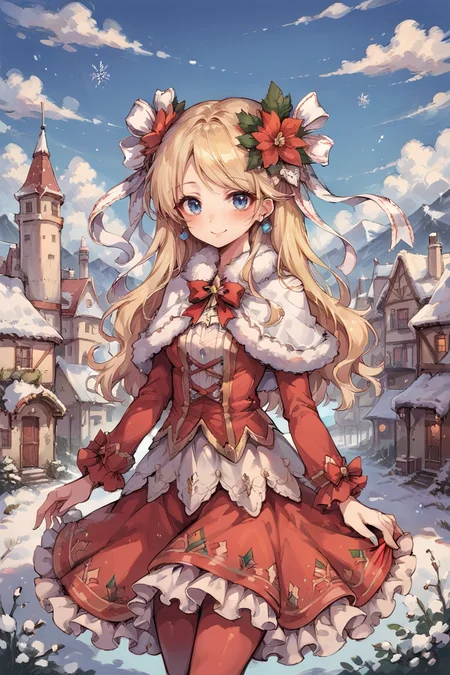 (score_9, score_8_up, score_7_up), source anime, <lora:backgroundsetXL:0.2> , background, exterior, winter, snow, scenery, blue sky, BREAK
<lora:Priscilla:0.75> , prdef, 1girl, blonde hair, blue eyes, long hair, hair ornament, hair ribbon, white hair ribbon, hair flower, earrings, fur-trimmed capelet, capelet, dress, red dress, layered dress, frilled dress, red pantyhose, perfect hands, smile, blush, looking at viewer, (cowboy shot), <lora:d4rkpurpXLP:0.5> , d4rkpurp,