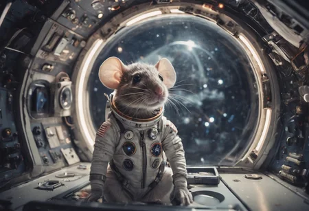 A captivating photograph featuring an astronaut mouse aboard a futuristic spaceship, evoking the wonder of space exploration and the charm of whimsical fantasy, akin to the imaginative works of artist Sam Falconer. Tiny spacesuit, cosmic backdrop, futuristic spacecraft, gleaming control panels, illuminated buttons, vast expanse of stars, weightless atmosphere, determined posture, curious gaze, playful details, sci-fi adventure, fantastical elements, surreal juxtaposition, boundless curiosity, universal exploration, mesmerizing composition.