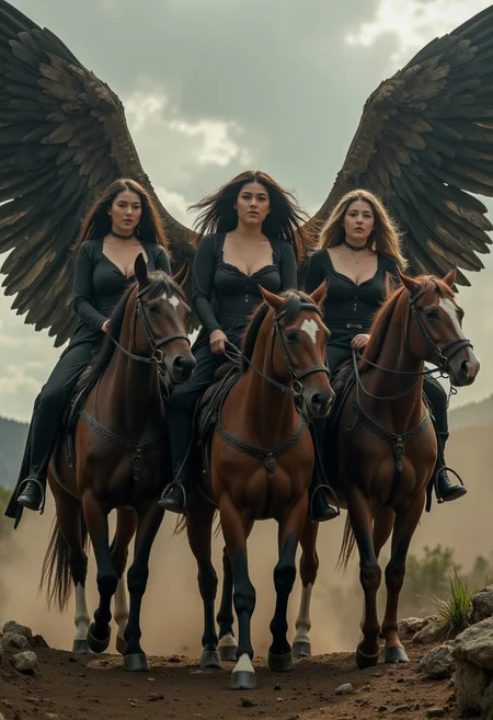 four beautiful women on horses representing the four horsemen of the apocalypse. A dystopian scene as the women ride the horses, dark angelic women,