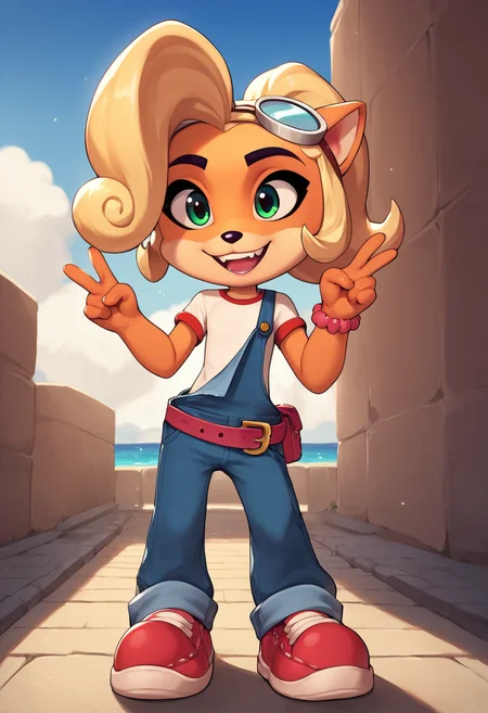 PonyXLV6_Scores,source_anime,masterpiece,best quality, highly detailed, perfect anatomy,amazing quality,
BREAK
 <lora:coco:0.8>coco, smile, furry, solo, sky, shoes, teeth, open mouth, day, blue sky, outdoors, belt, green eyes, happy, eyewear on head, standing, blonde hair, pants, cloud, animal ears, red footwear, shirt,cowboy shot,  overalls, sneakers, male focus, animal nose, holding, body fur, two-tone fur, furry female, short hair