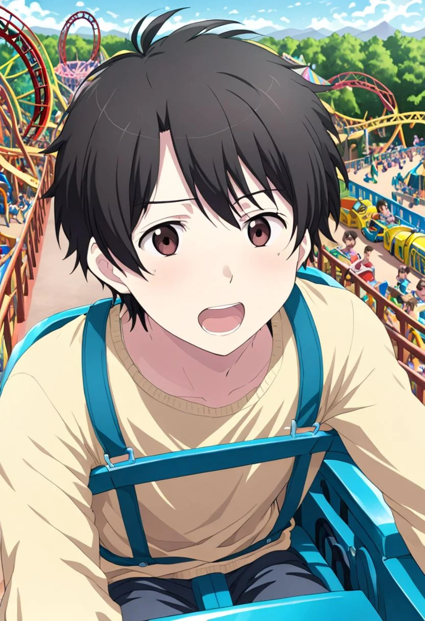 high resolution, solo, best quality, 1Boy, Inaho Kaizuka, Black hair, Brown Eyes, theme park, rides, fun, excitement, OverallDetail