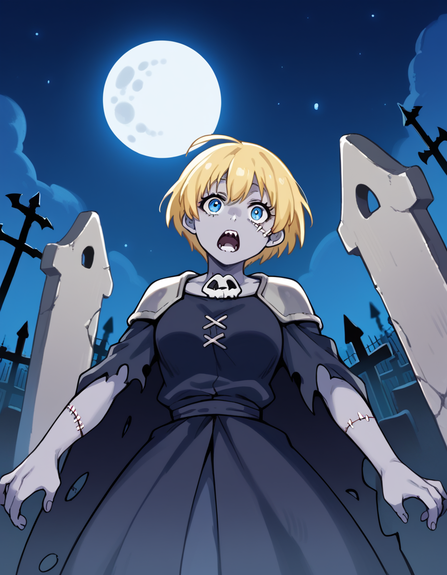 score_9, score_8_up, score_7_up, source_anime, <lora:fireforce-iris-s1s2-ponyxl-lora-nochekaiser:1>, iris, short hair, blonde hair, blue eyes, medium breasts,, <lora:zombie-ponyxl-lora-nochekaiser:1>, zombie, colored skin, stitches, grey skin, multicolored skin, stitched face, zombie pose, halloween, halloween costume,, night, moon, graveyard, tombstone, grave, open mouth, , dutch angle, cowboy shot