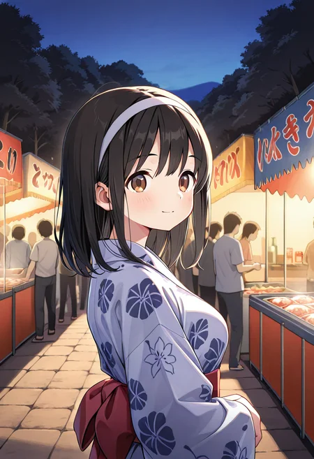 general, masterpiece, best quality, newest, absurdres, highres, very awa, outdoors, night, 1girl, solo, <lora:OCAyumi:1> OCAyumi, black hair, medium hair, hairband, white hairband, brown eyes, medium breasts, yukata, <lora:natsumatsuri:0.8> natsumatsuri, festival, crowd, food stand, stalls, real world location, light smile, looking at viewer,