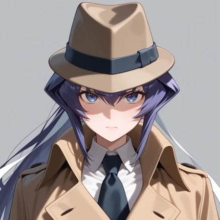 masterpiece,best qualityMeiya,wearing Jeddec, detective outfit, trench coat, fedora,serious face