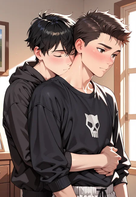Male focus, stunning masterpiece, ((best quality:1.2)), ((two boys hugging each other)), handsome, cute, 18yo, perfectly detailed handsome face, high cheekbones, strong jawline, detailed eyes, short hair, slim waist, intimate, blushing, BREAK ultra-high-definition, sharp details, high quality, realistic, natural textured skin, 16k, intricate details, Expressiveh, World class and stunning, BREAK black hoodie, head and shoulders shot, close-up, hug from behind, face tucked into neck, arms around waist, bedroom, chiaroscuro, cuddling, hug
