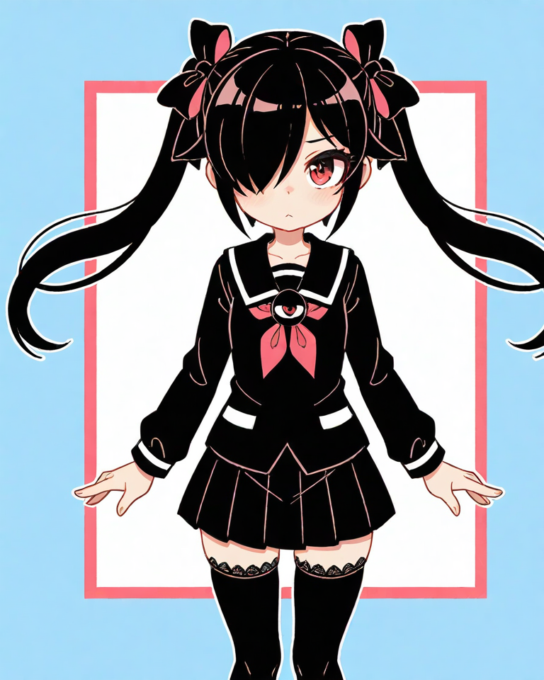 1girl, solo, standing, cowboy shot, 
(backbeako \(torotei\)), long hair, black hair, red eyes, twintails, hair over one eye,  black thighhighs, zettai ryouiki, lace-trimmed legwear, 
pastel colors, calm colors, anime screencap, photorealistic, best quality, newest, absurdres, highres, <lora:dmd2_sdxl_4step:1>
