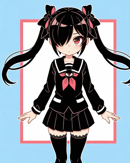 1girl, solo, standing, cowboy shot,
(backbeako \(torotei\)), long hair, black hair, red eyes, twintails, hair over one eye, black thighhighs, zettai ryouiki, lace-trimmed legwear,
pastel colors, calm colors, anime screencap, photorealistic, best quality, newest, absurdres, highres, <lora:dmd2_sdxl_4step:1>