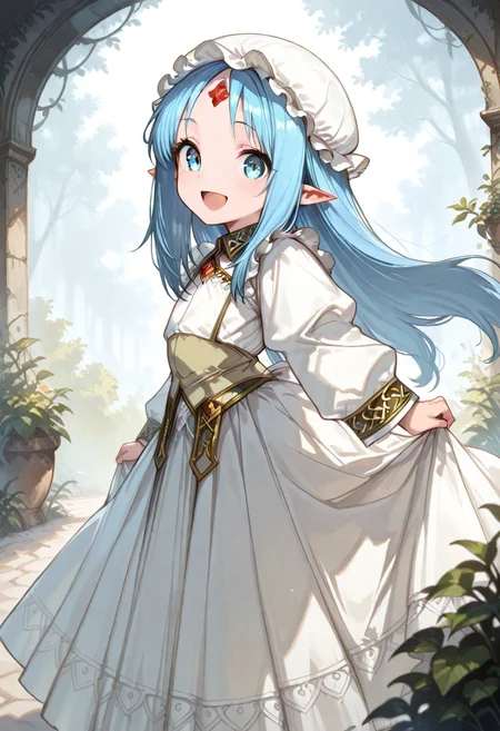 masterpiece, best quality, good quality, very awa, very aesthetic, absurdres, newest, gr4ph1t3, beautiful eyes, perfect eyes, detailed eyes, 1girl, solo, eset_kalar_il ,pointy ears,blue hair,long hair,blue eyes,red gem forehead,, Victorian style maid clothes, full sleeves, long apron, classic, maid mob cap, beautiful eyes, ,looking at viewer.smile,open mouth,cute girl, outdoors,intown,,dancing,from side, fantasy